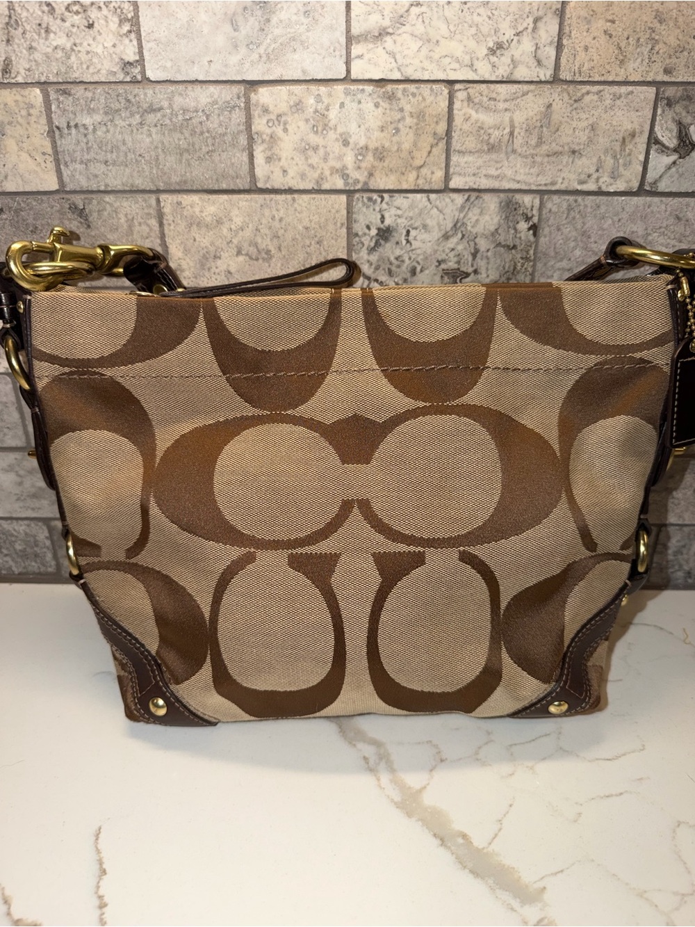 Coach 2008 Carly Brown Signature Canvas Shoulder Bag with Leather Trim